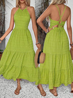 Breezaya Summer Holiday Solid Color Textured Backless Dress For New Year Clothes Maxi Vacation Beach Outfits Women