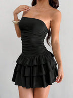 MainGRL Knitted Fabric A-Line Sleeveless Mini Dress In Burgundy Tube Top Dress Ruffle Dress,Party Dress