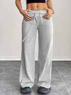 SHEIN PETITE Comfortable And Casual Plain Knitted Low-Rise Wide-Leg Women's Sweatpants Baggy