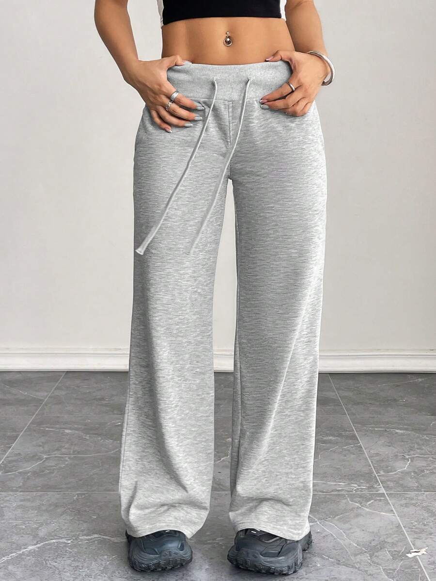 SHEIN PETITE Comfortable And Casual Plain Knitted Low-Rise Wide-Leg Women's Sweatpants Baggy