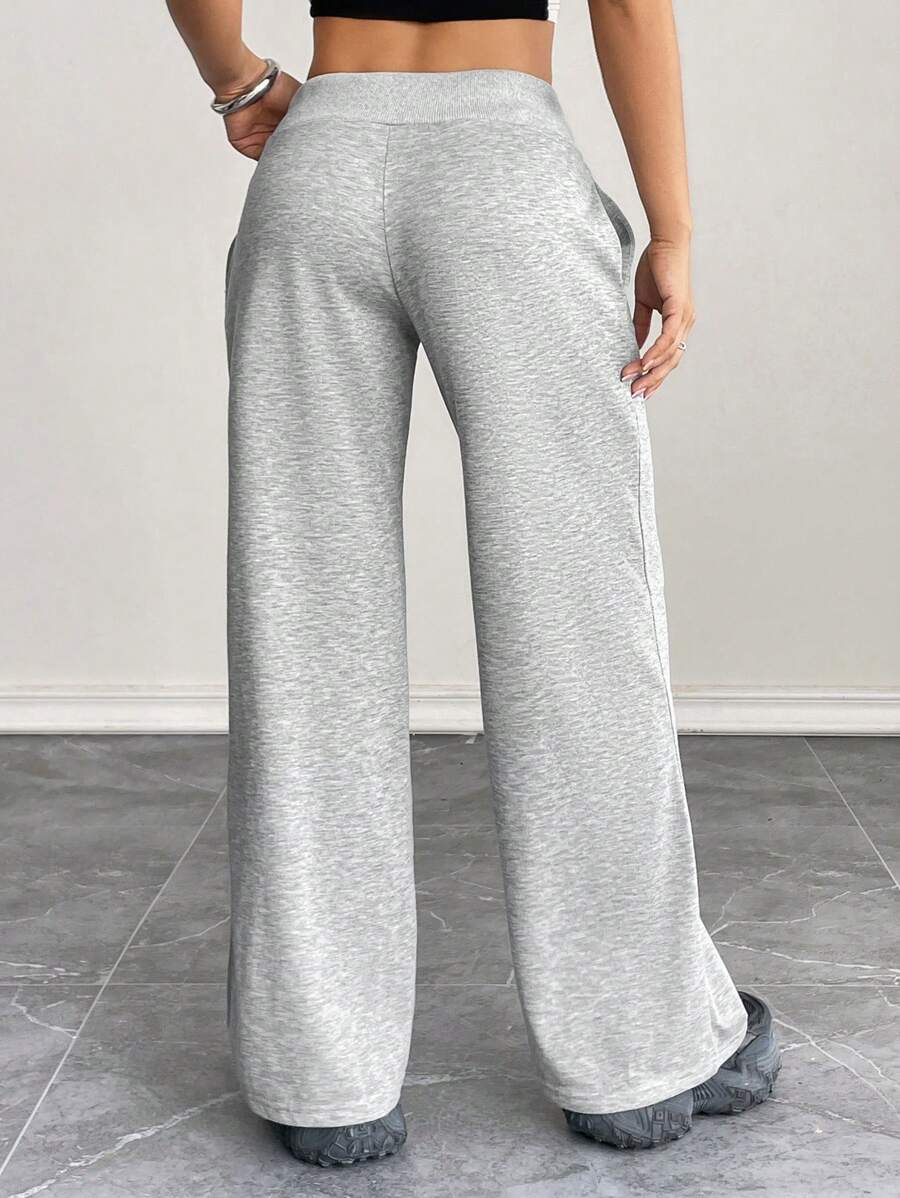 SHEIN PETITE Comfortable And Casual Plain Knitted Low-Rise Wide-Leg Women's Sweatpants Baggy