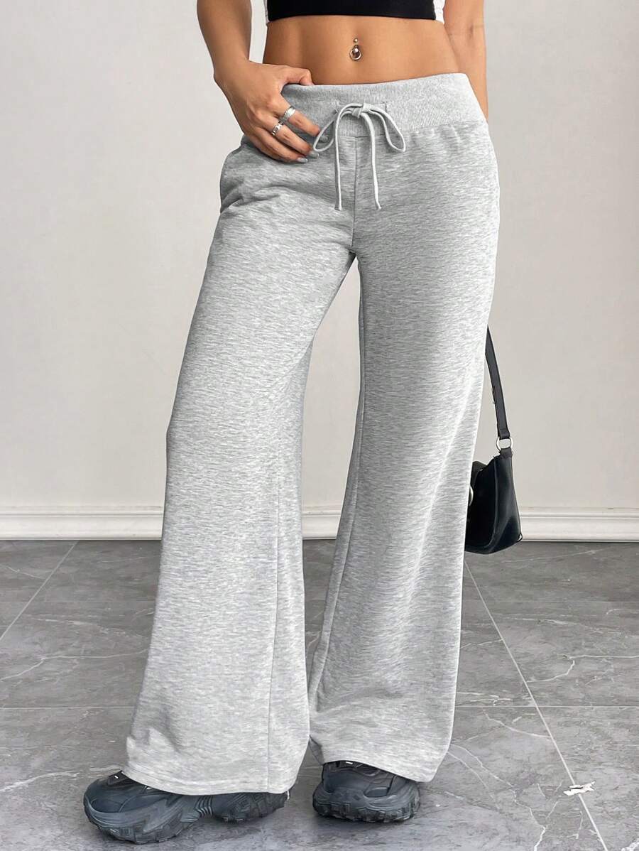 SHEIN PETITE Comfortable And Casual Plain Knitted Low-Rise Wide-Leg Women's Sweatpants Baggy