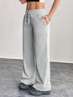 SHEIN PETITE Comfortable And Casual Plain Knitted Low-Rise Wide-Leg Women's Sweatpants Baggy
