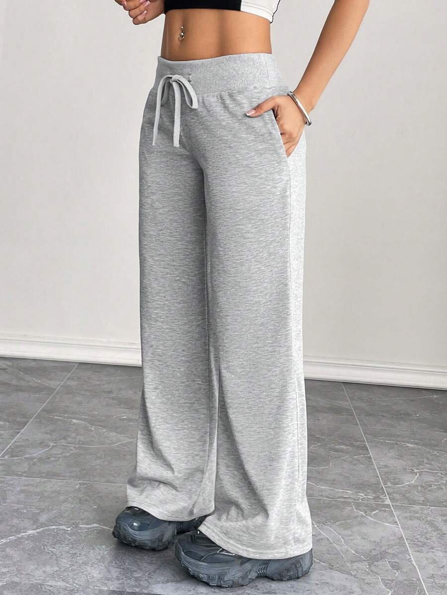 SHEIN PETITE Comfortable And Casual Plain Knitted Low-Rise Wide-Leg Women's Sweatpants Baggy