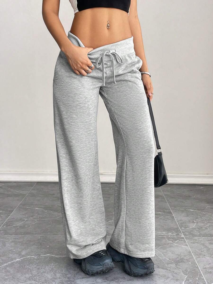SHEIN PETITE Comfortable And Casual Plain Knitted Low-Rise Wide-Leg Women's Sweatpants Baggy