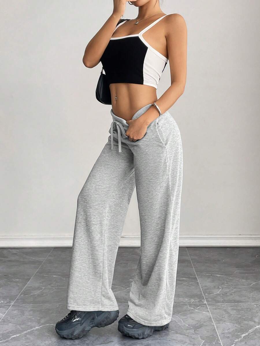 SHEIN PETITE Comfortable And Casual Plain Knitted Low-Rise Wide-Leg Women's Sweatpants Baggy