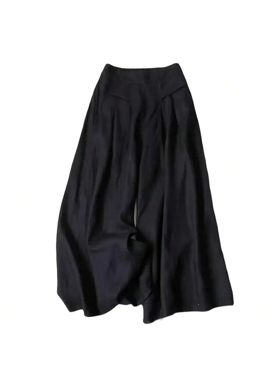 Women Solid Color Casual Front Pocket Decorated Wide Leg Pants