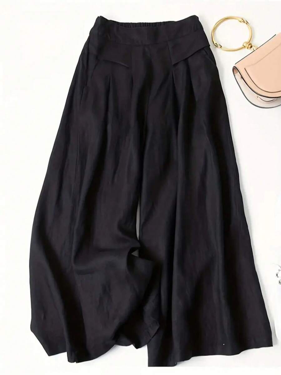 Women Solid Color Casual Front Pocket Decorated Wide Leg Pants