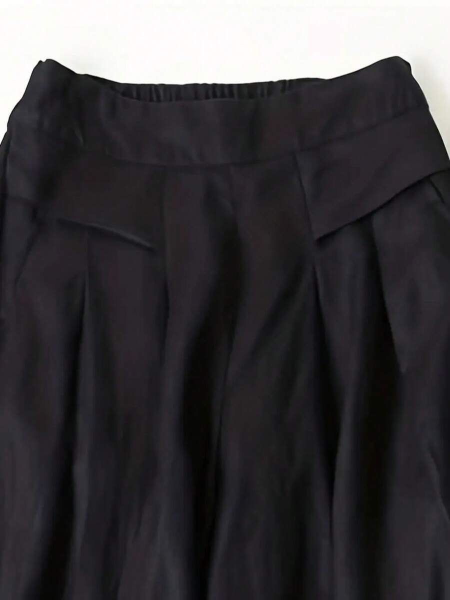 Women Solid Color Casual Front Pocket Decorated Wide Leg Pants