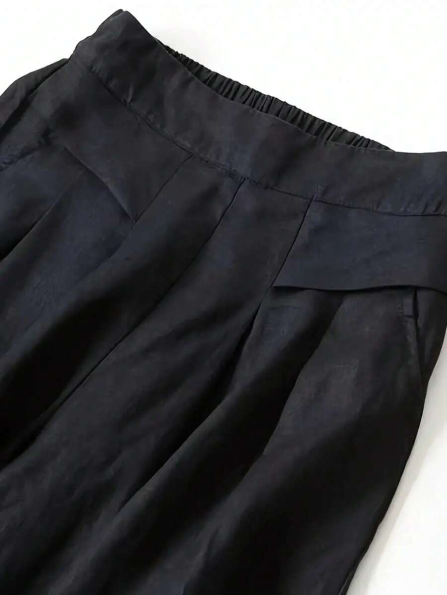 Women Solid Color Casual Front Pocket Decorated Wide Leg Pants
