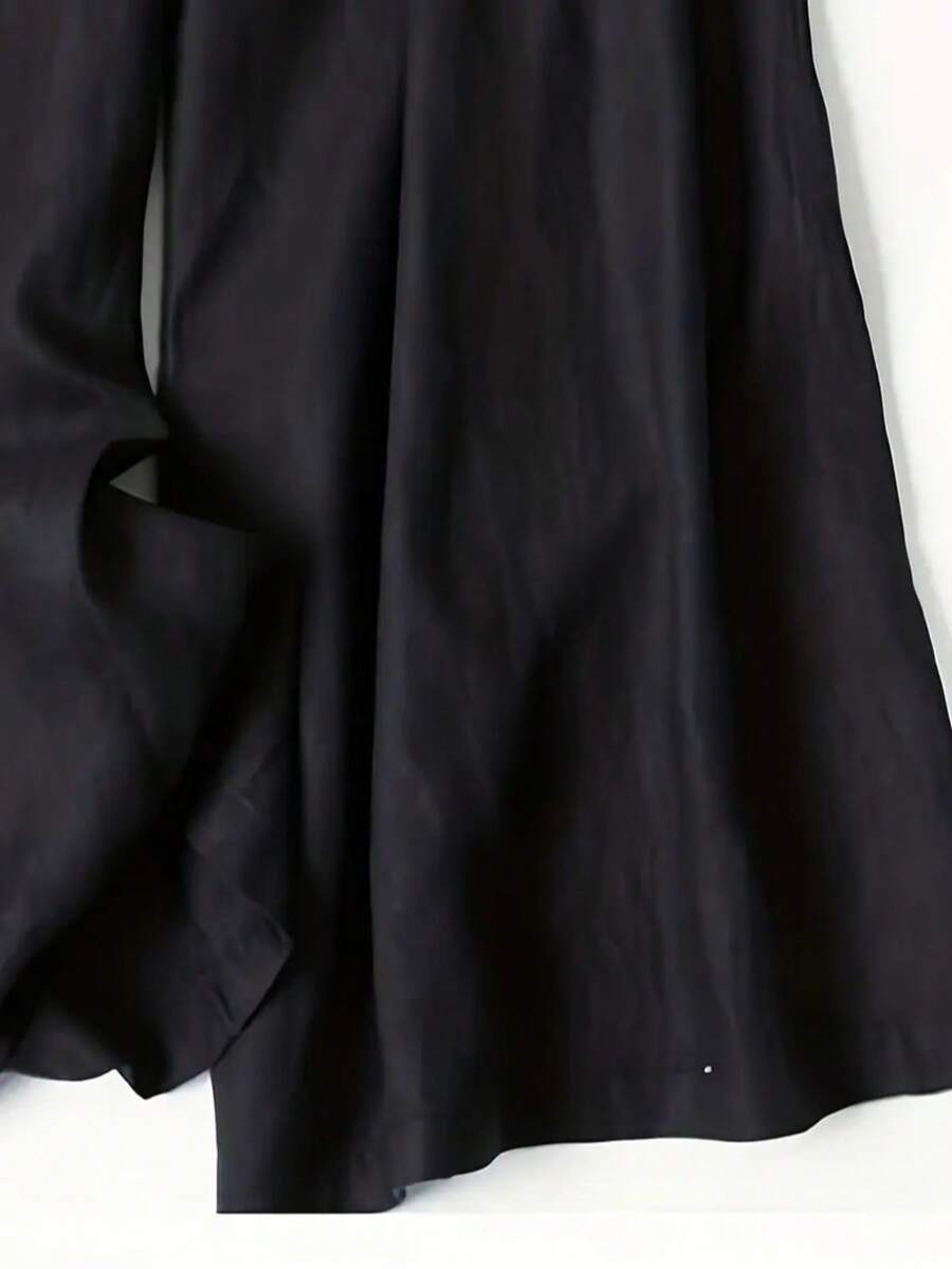 Women Solid Color Casual Front Pocket Decorated Wide Leg Pants