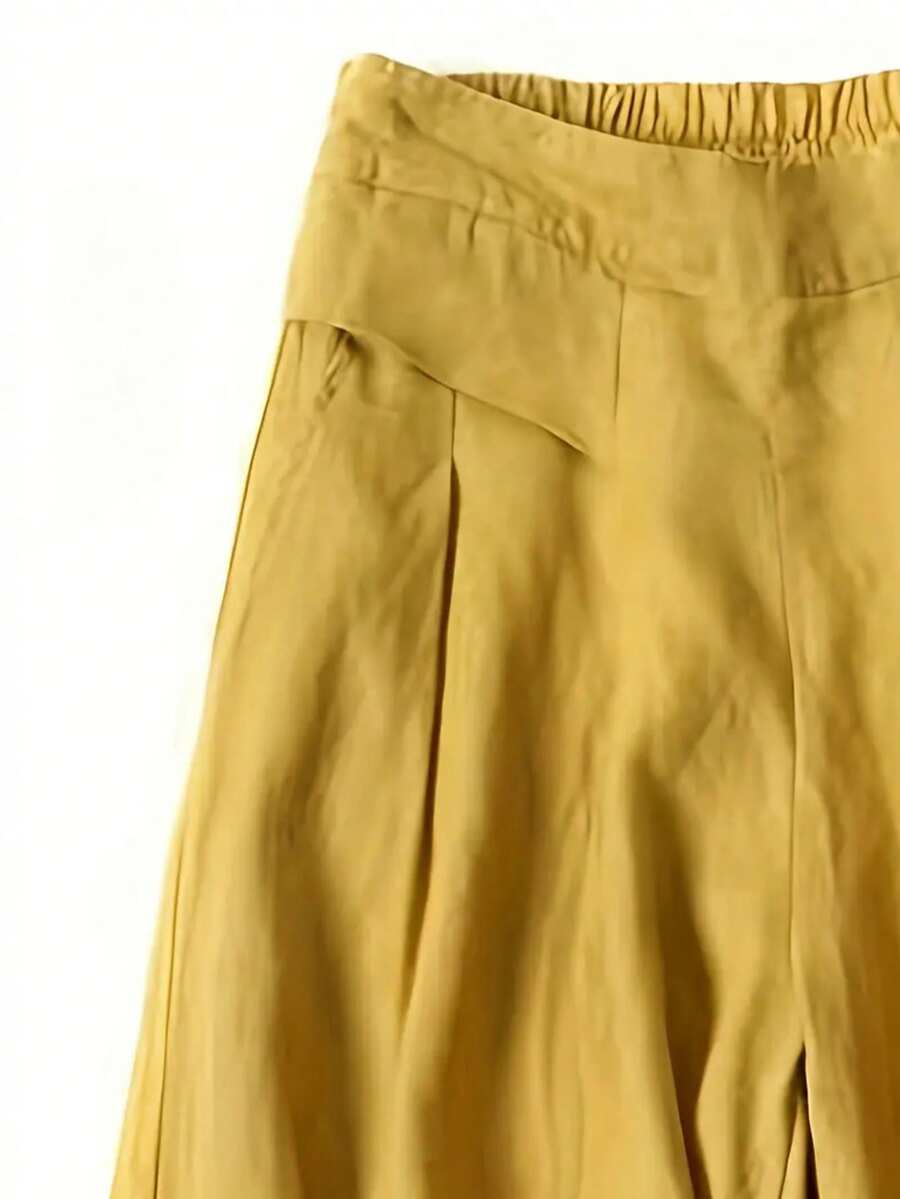 Women Solid Color Casual Front Pocket Decorated Wide Leg Pants