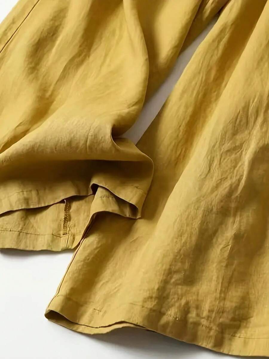 Women Solid Color Casual Front Pocket Decorated Wide Leg Pants