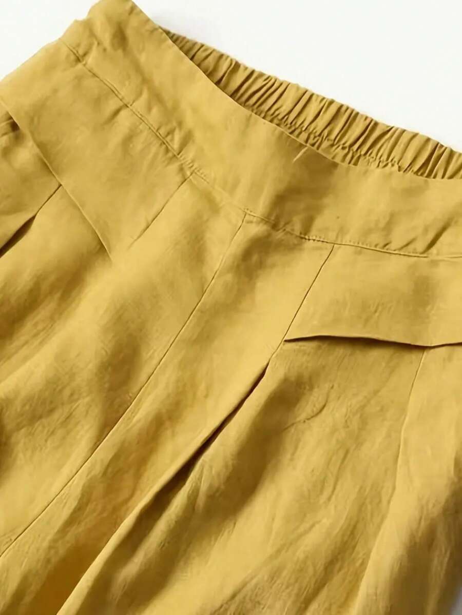 Women Solid Color Casual Front Pocket Decorated Wide Leg Pants