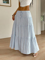MainGRL Women Solid Color High Waist Tie Ruffled Hem Maxi Skirt