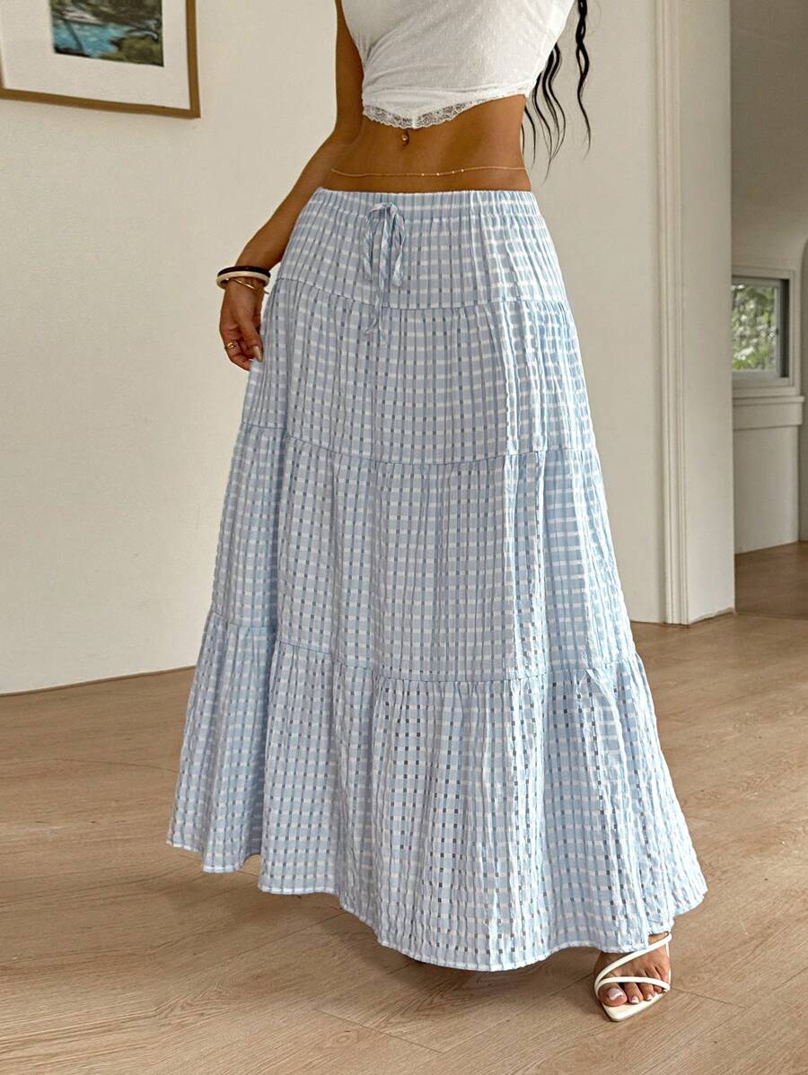MainGRL Women Solid Color High Waist Tie Ruffled Hem Maxi Skirt