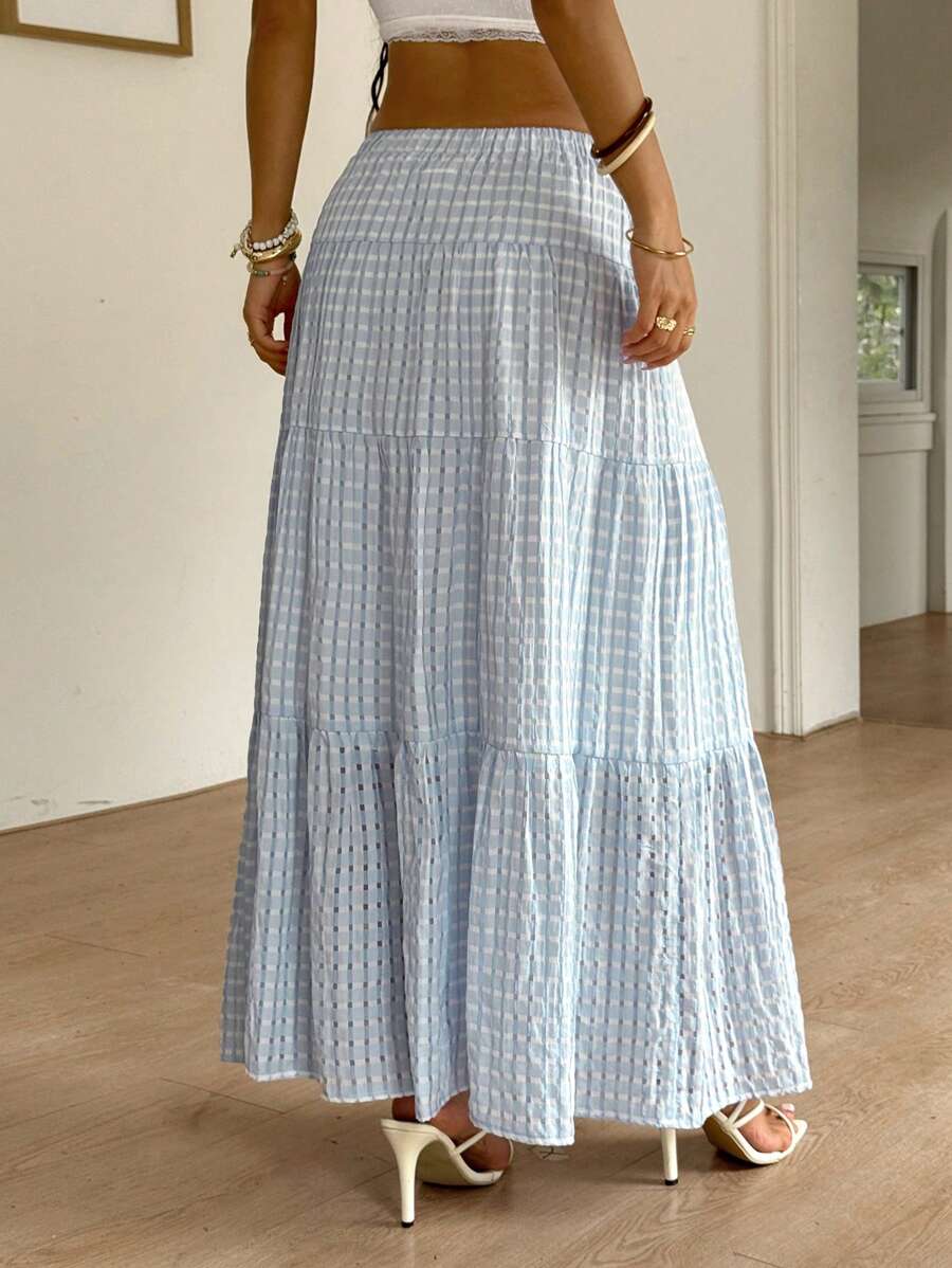 MainGRL Women Solid Color High Waist Tie Ruffled Hem Maxi Skirt