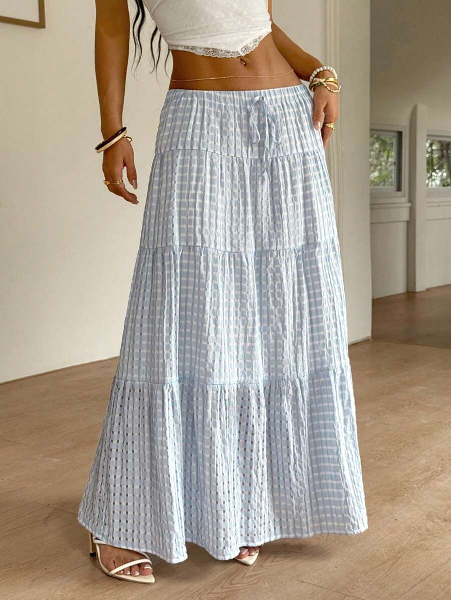 MainGRL Women Solid Color High Waist Tie Ruffled Hem Maxi Skirt
