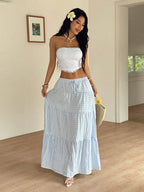 MainGRL Women Solid Color High Waist Tie Ruffled Hem Maxi Skirt