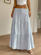 MainGRL Women Solid Color High Waist Tie Ruffled Hem Maxi Skirt