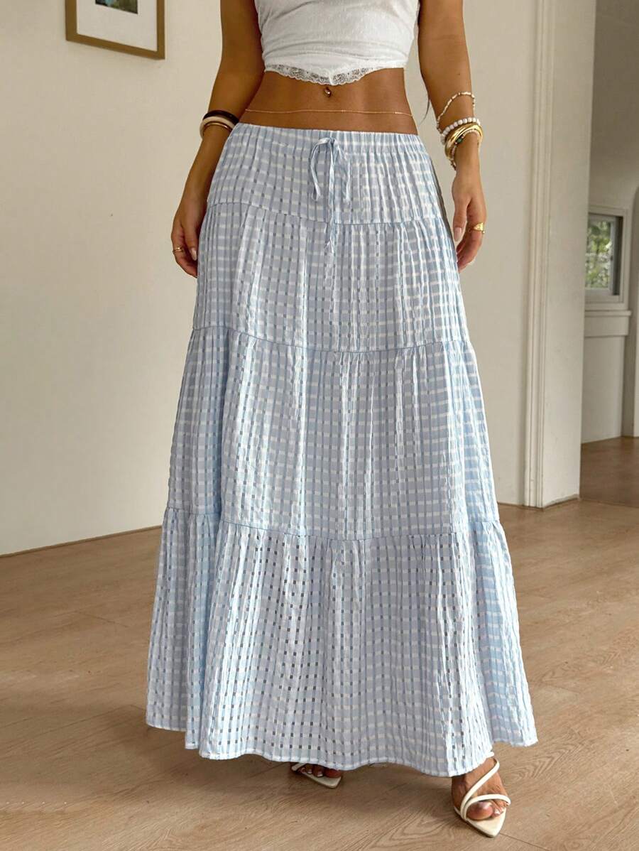 MainGRL Women Solid Color High Waist Tie Ruffled Hem Maxi Skirt