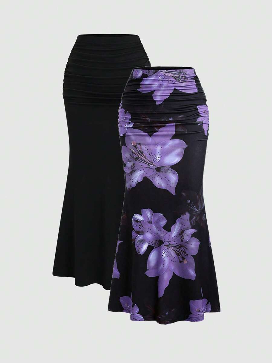 Sweetra 2pcs Women's Elegant Party Solid Color Mermaid Skirt And Floral Print Skirt Set Fall Cloth For Women