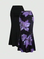 Sweetra 2pcs Women's Elegant Party Solid Color Mermaid Skirt And Floral Print Skirt Set Fall Cloth For Women
