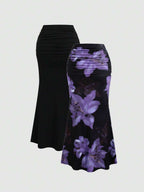 Sweetra 2pcs Women's Elegant Party Solid Color Mermaid Skirt And Floral Print Skirt Set Fall Cloth For Women