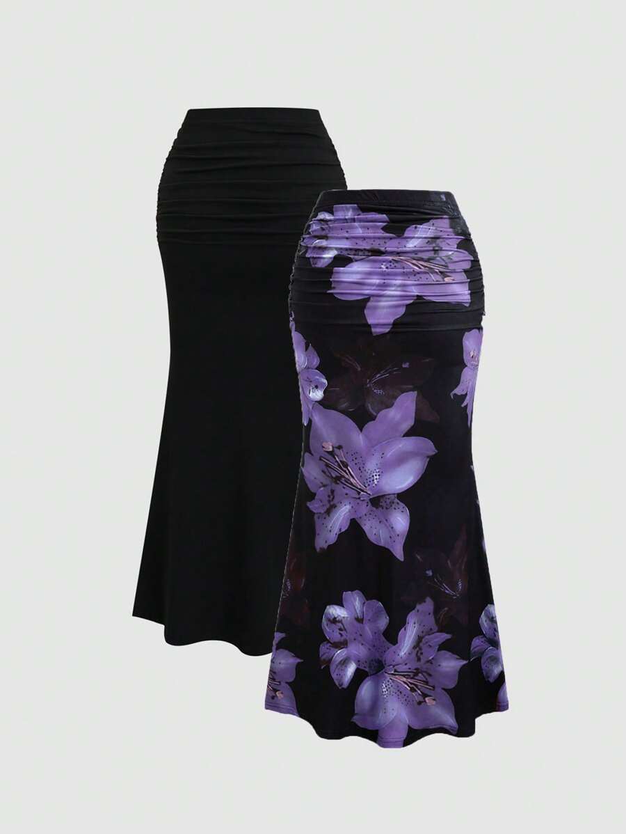 Sweetra 2pcs Women's Elegant Party Solid Color Mermaid Skirt And Floral Print Skirt Set Fall Cloth For Women