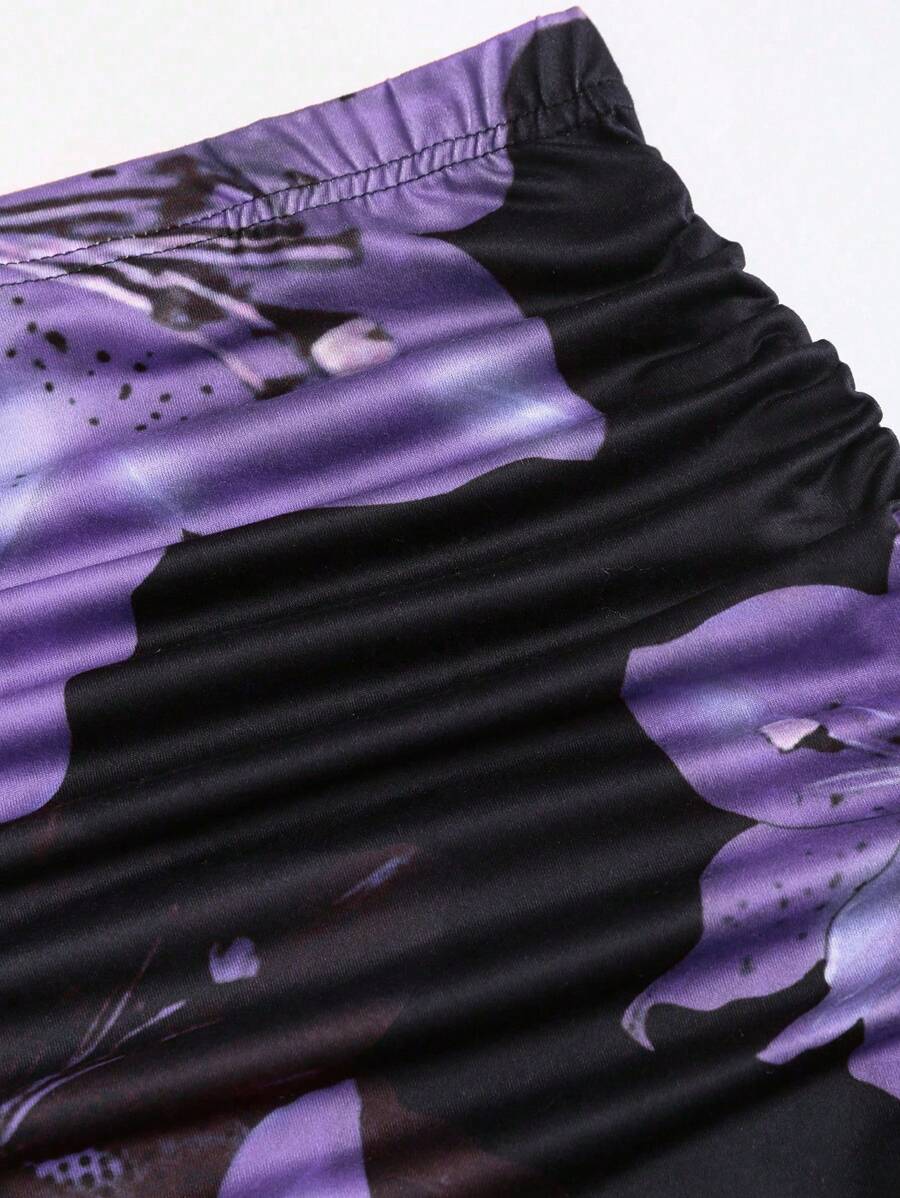 Sweetra 2pcs Women's Elegant Party Solid Color Mermaid Skirt And Floral Print Skirt Set Fall Cloth For Women