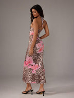 Sweetra Women's Leopard Print Mermaid Hem Fitted Elegant Halter Neck Dress Maxi Women Outfit