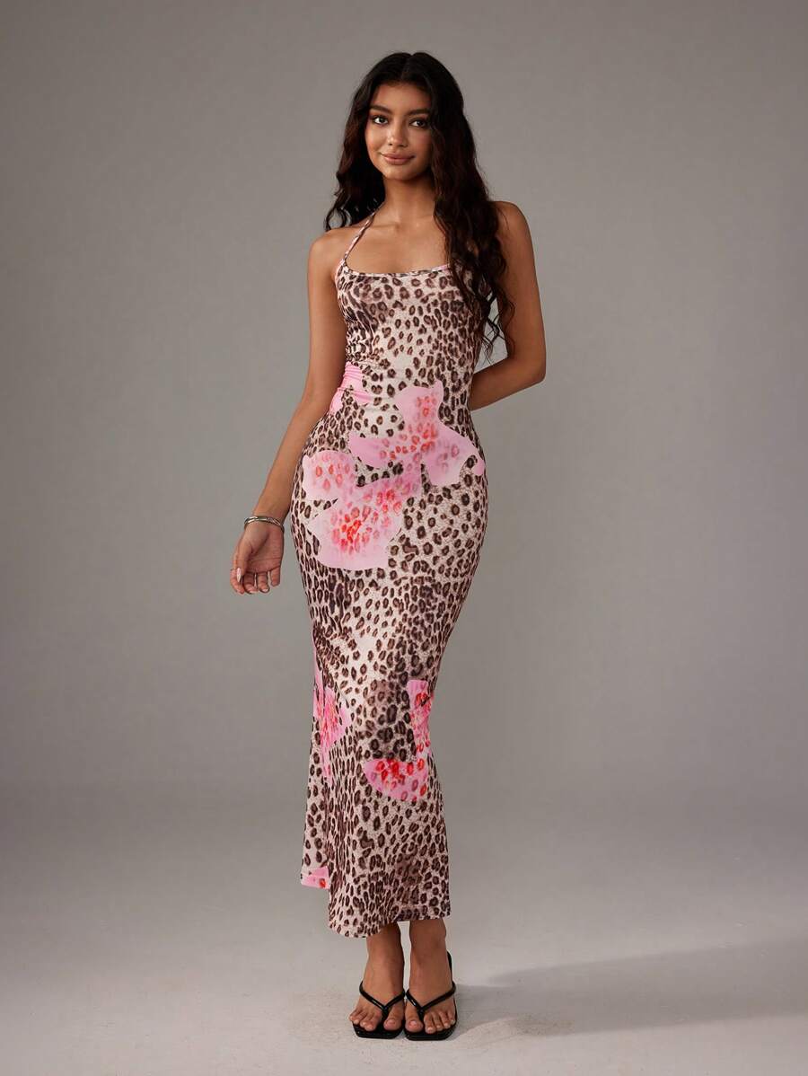 Sweetra Women's Leopard Print Mermaid Hem Fitted Elegant Halter Neck Dress Maxi Women Outfit
