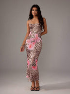 Sweetra Women's Leopard Print Mermaid Hem Fitted Elegant Halter Neck Dress Maxi Women Outfit