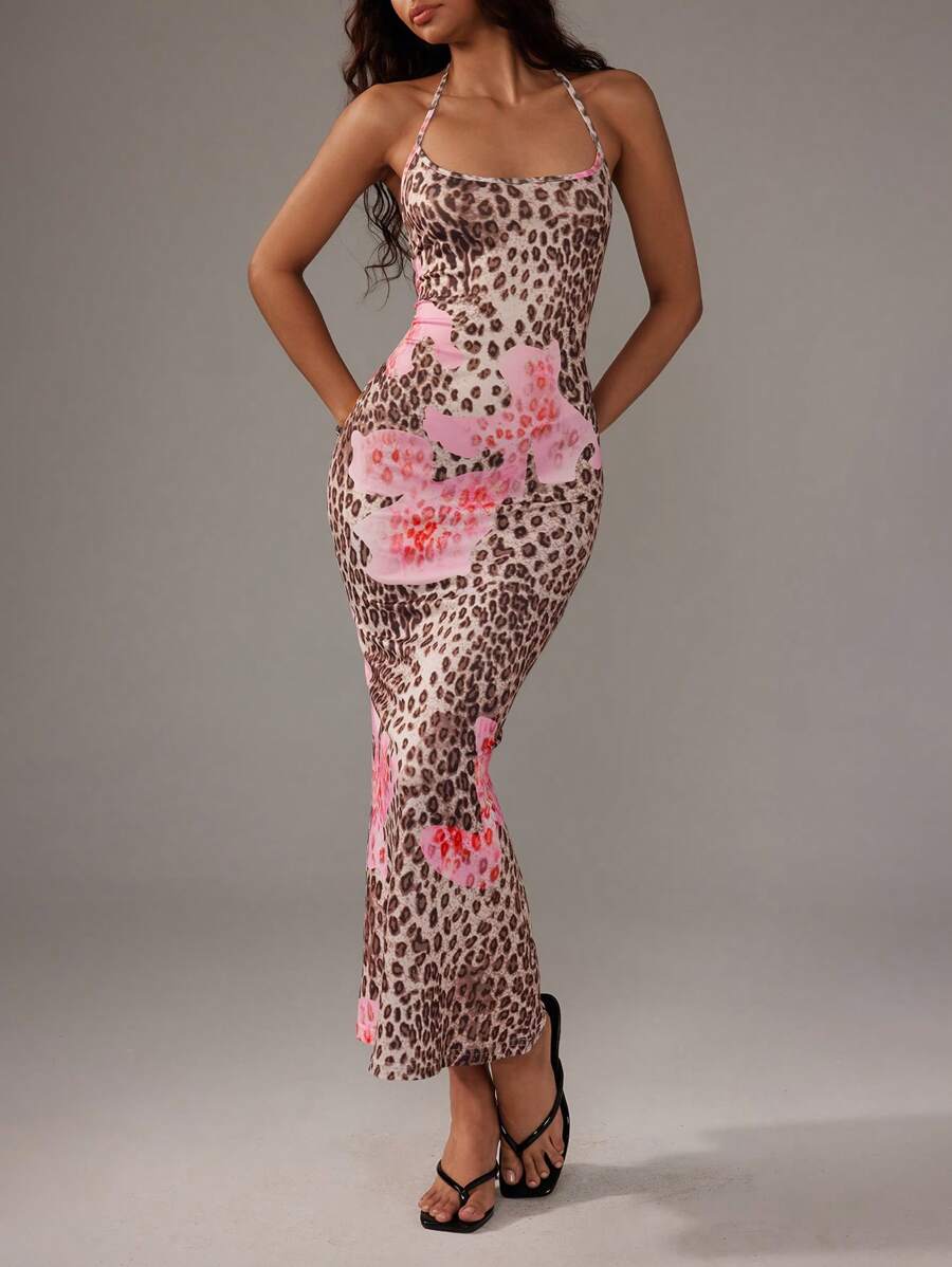 Sweetra Women's Leopard Print Mermaid Hem Fitted Elegant Halter Neck Dress Maxi Women Outfit