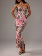 Sweetra Women's Leopard Print Mermaid Hem Fitted Elegant Halter Neck Dress Maxi Women Outfit