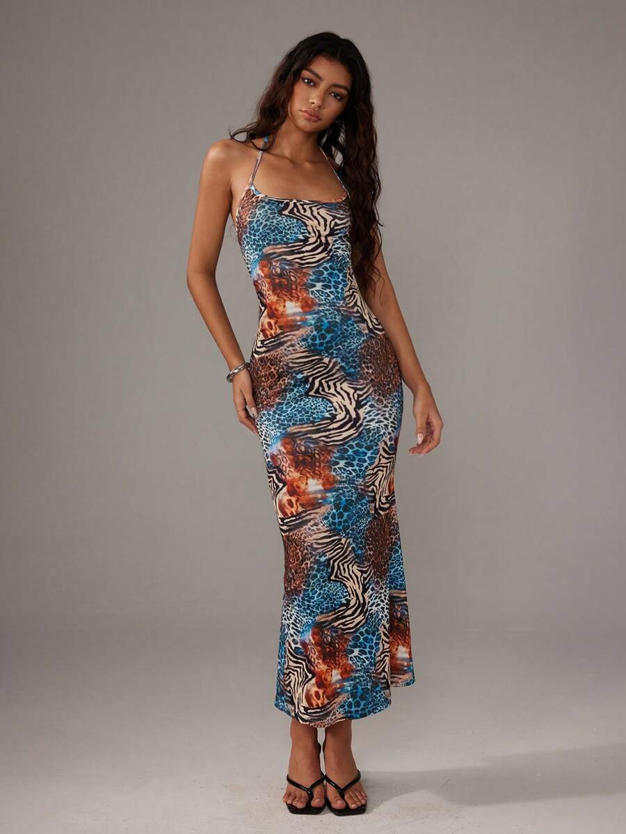 Sweetra Women's Leopard Print Mermaid Hem Fitted Elegant Halter Neck Dress Maxi Women Outfit