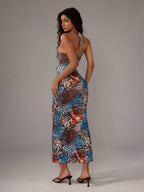 Sweetra Women's Leopard Print Mermaid Hem Fitted Elegant Halter Neck Dress Maxi Women Outfit