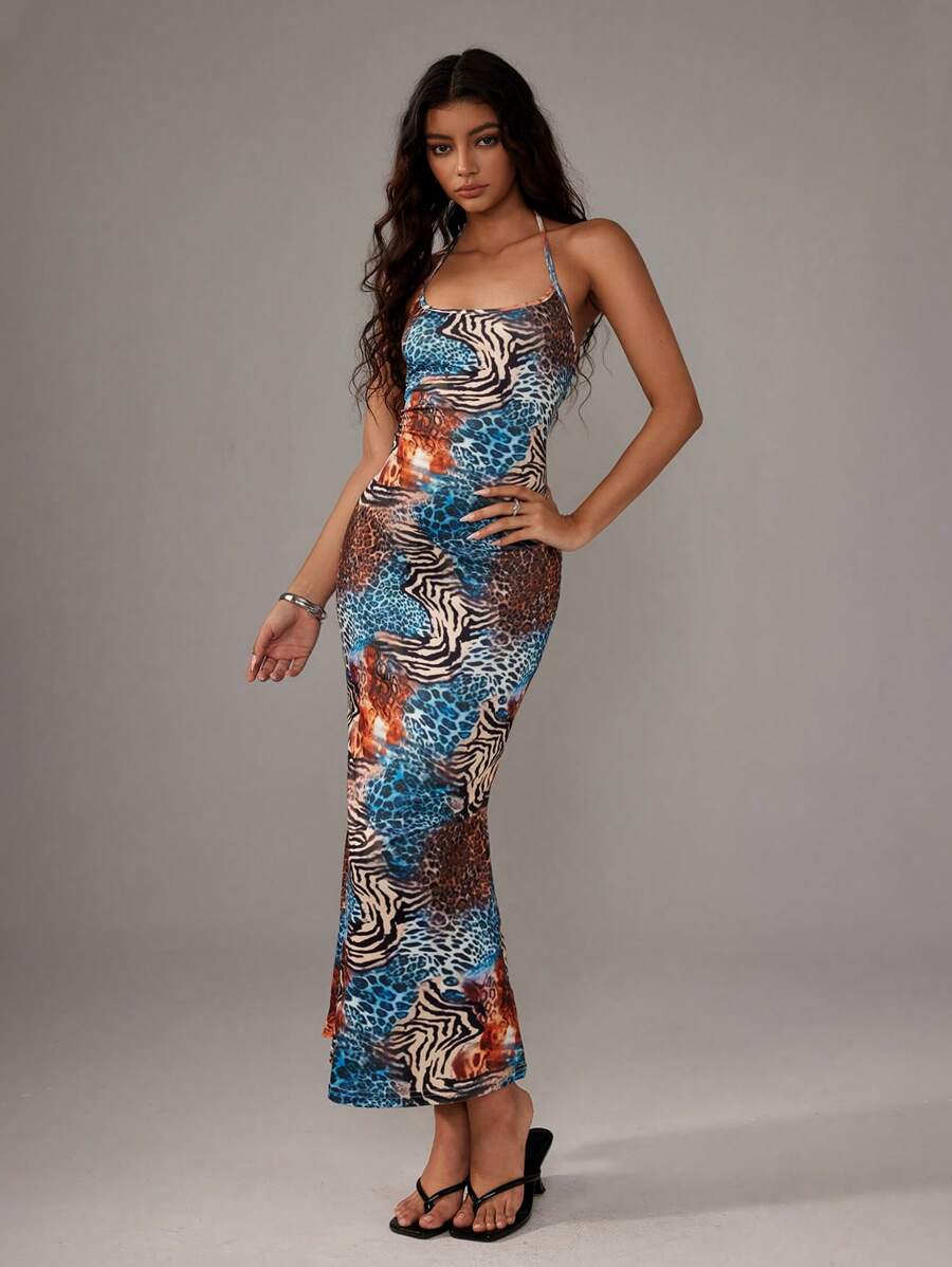 Sweetra Women's Leopard Print Mermaid Hem Fitted Elegant Halter Neck Dress Maxi Women Outfit
