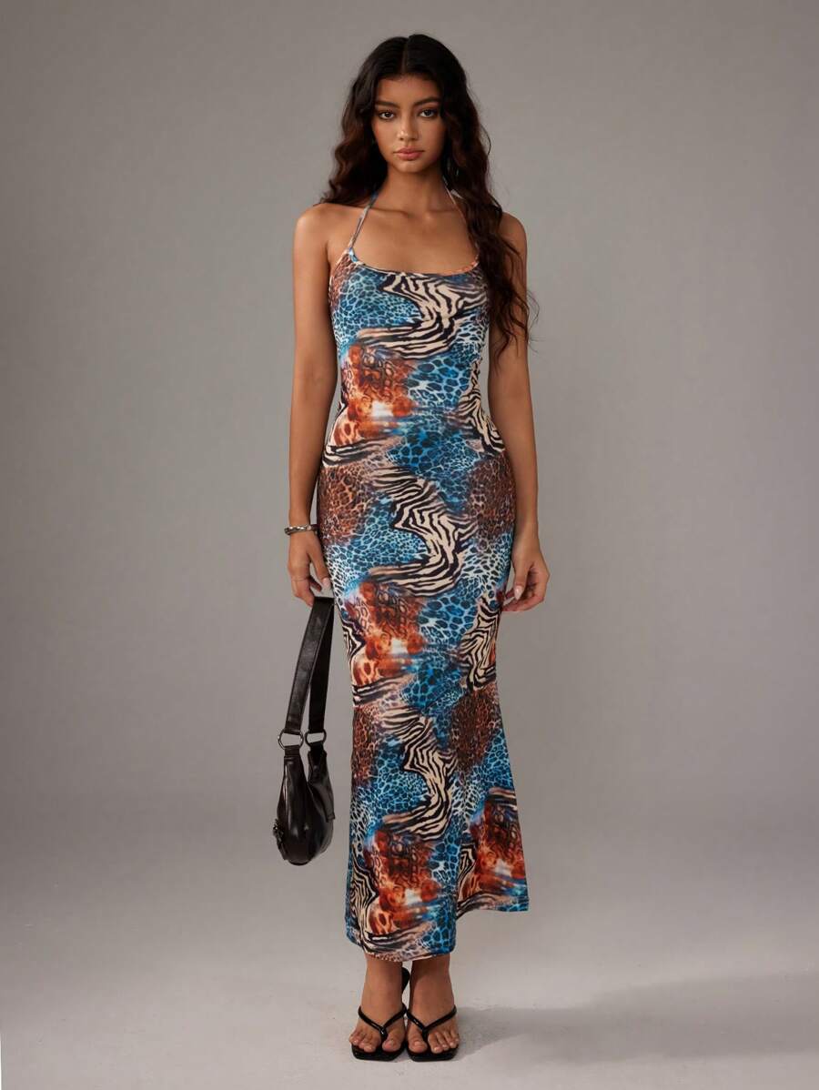 Sweetra Women's Leopard Print Mermaid Hem Fitted Elegant Halter Neck Dress Maxi Women Outfit