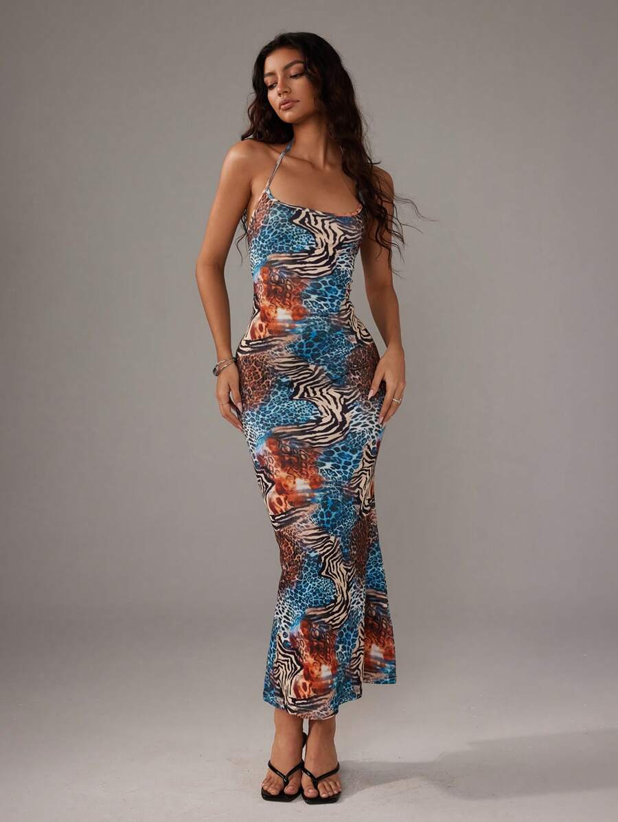 Sweetra Women's Leopard Print Mermaid Hem Fitted Elegant Halter Neck Dress Maxi Women Outfit