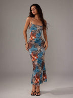 Sweetra Women's Leopard Print Mermaid Hem Fitted Elegant Halter Neck Dress Maxi Women Outfit