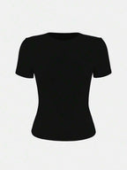 XLLAIS 2025 Model Black Short Sleeve Crew Neck Solid Color Basic Fitted Casual T-Shirt For Women, Summer