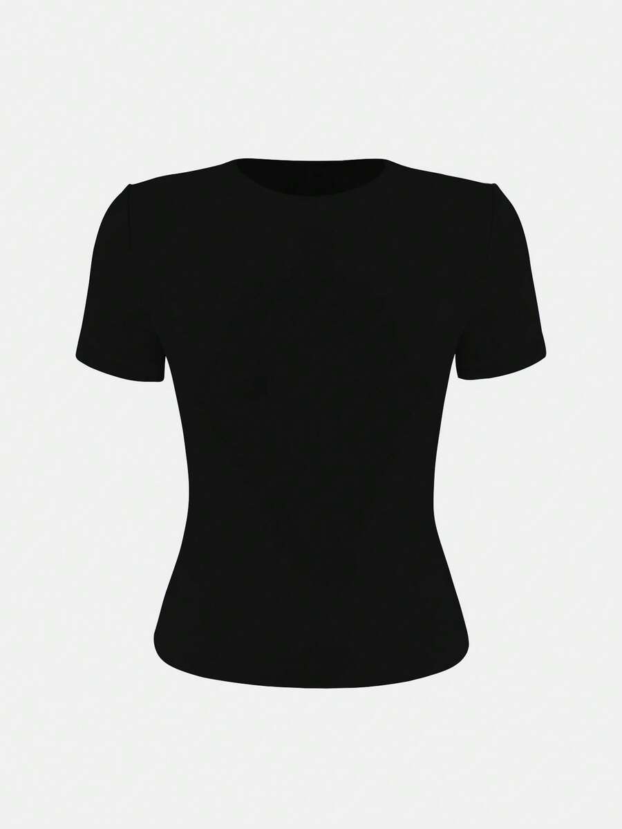 XLLAIS 2025 Model Black Short Sleeve Crew Neck Solid Color Basic Fitted Casual T-Shirt For Women, Summer