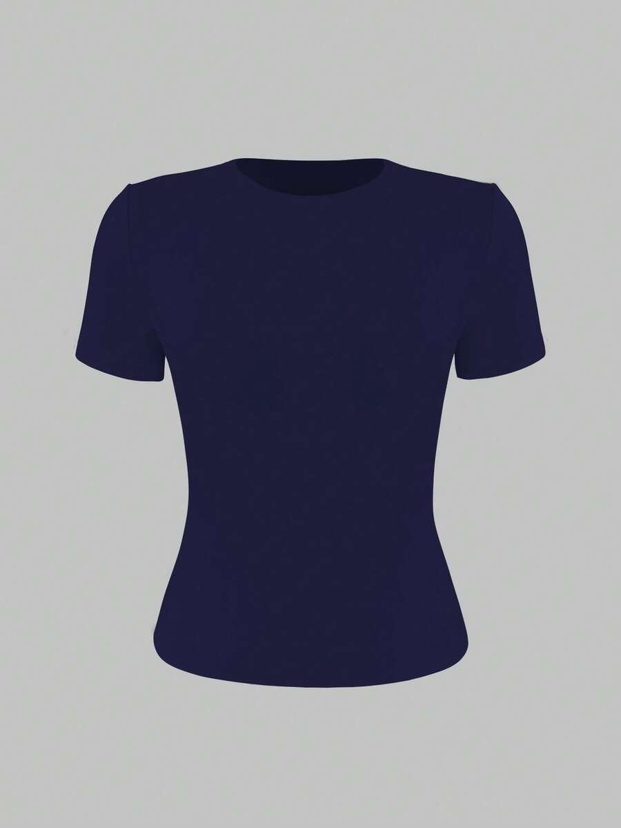 XLLAIS 2025 Model Black Short Sleeve Crew Neck Solid Color Basic Fitted Casual T-Shirt For Women, Summer