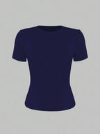 XLLAIS 2025 Model Black Short Sleeve Crew Neck Solid Color Basic Fitted Casual T-Shirt For Women, Summer