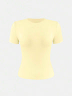 XLLAIS 2025 Model Black Short Sleeve Crew Neck Solid Color Basic Fitted Casual T-Shirt For Women, Summer