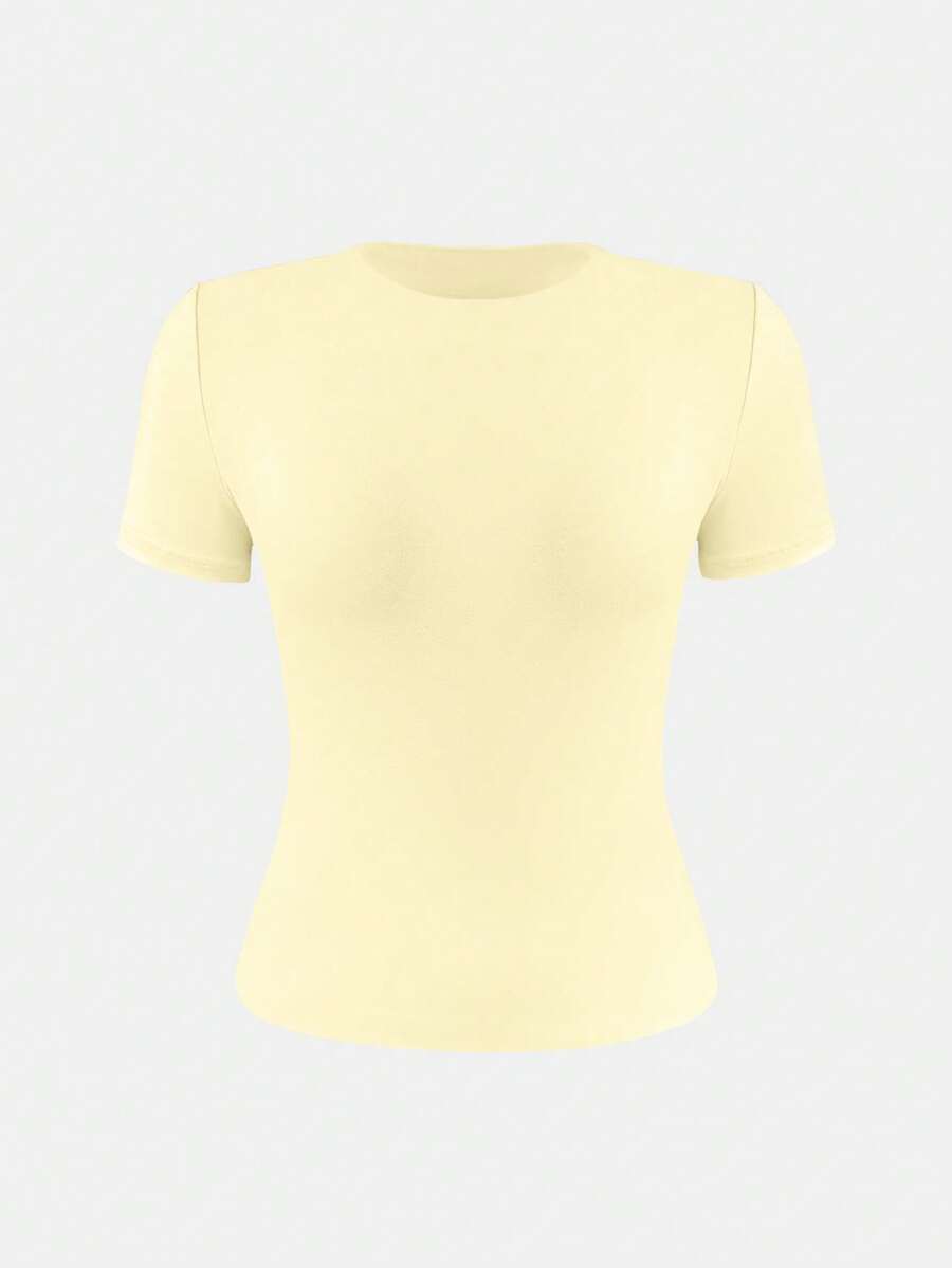 XLLAIS 2025 Model Black Short Sleeve Crew Neck Solid Color Basic Fitted Casual T-Shirt For Women, Summer