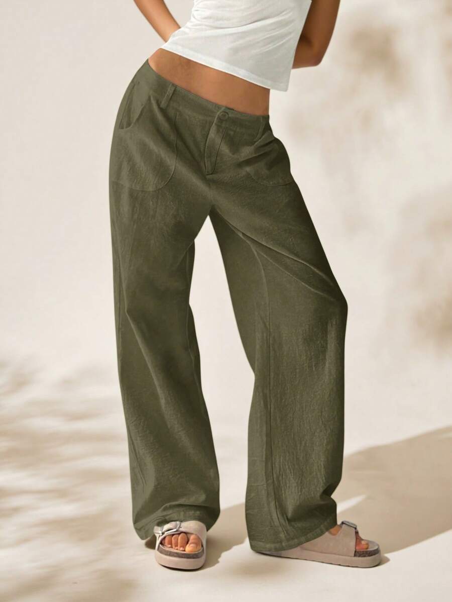 Easelle Women Plain Simple Low Waist Straight Leg Pants,Ladies Spring/Fall Casual Pocket,Zipper Ultra Low Waist Straight Leg Long Black Cotton Loose Women Pants,Casual Daily Wear