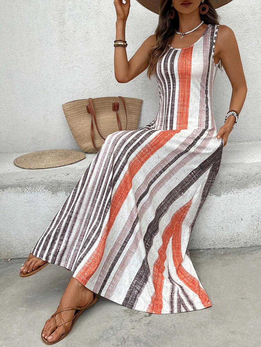 EMERY ROSE Women's Retro Striped Sleeveless Round Neck Dress