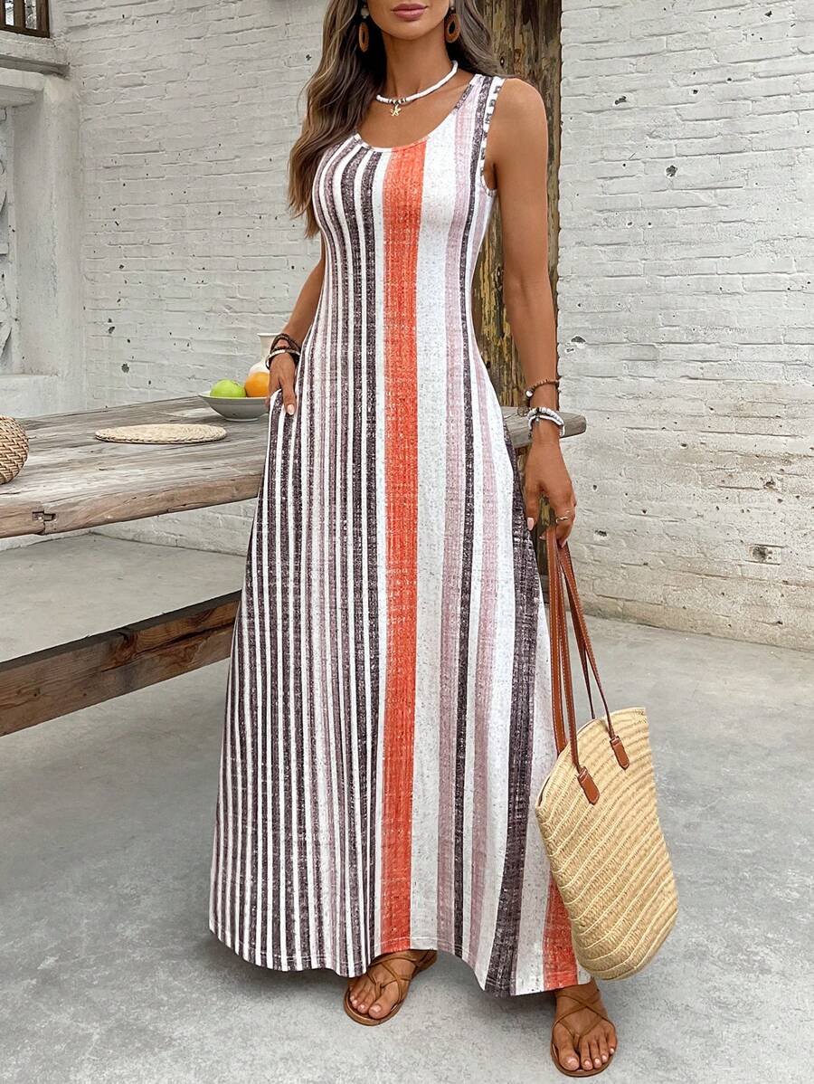 EMERY ROSE Women's Retro Striped Sleeveless Round Neck Dress
